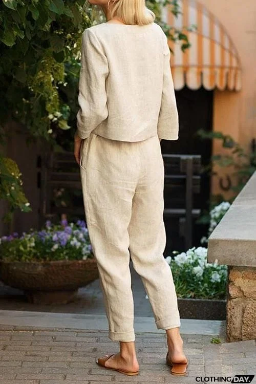 Linen O Neck Long Sleeve Pants Set
