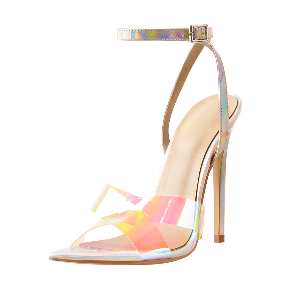 Silver Open Toe 4'' Stiletto Heel Crisscross Ankle Strap Sandals Nicepairs