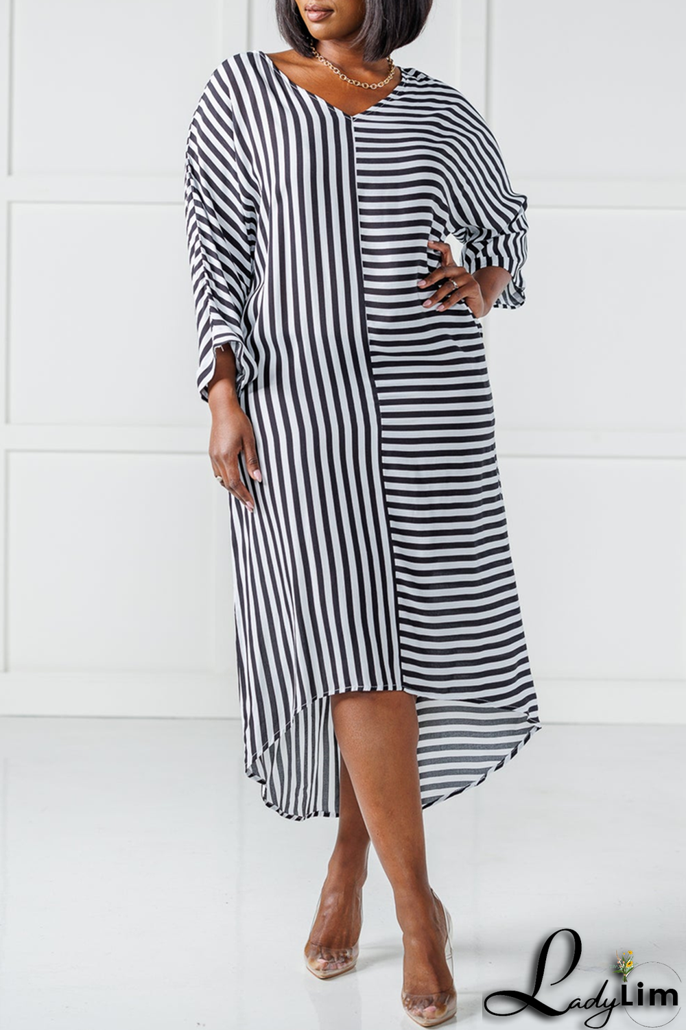 Black Fashion Casual Striped Print Patchwork V Neck Long Sleeve Dresses