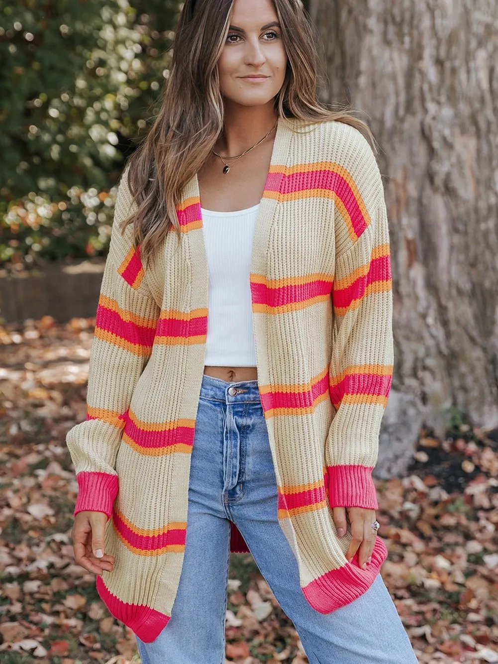 Ribbed Knit Long Cardigan with Striped Print