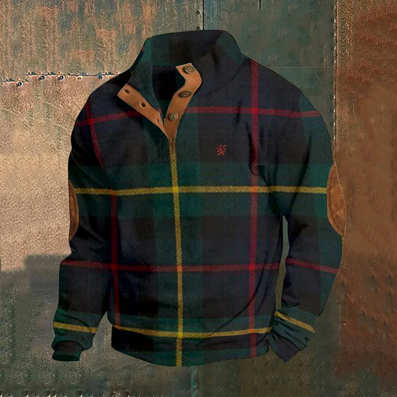 Scotland Lion Embroidered Plaid Stand Collar Button Sweatshirt