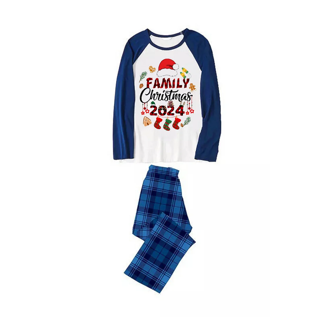 Santa Hat and "Family Christmas 2024" Text Print Blue & Black Plaid Christmas Family Matching Pajamas