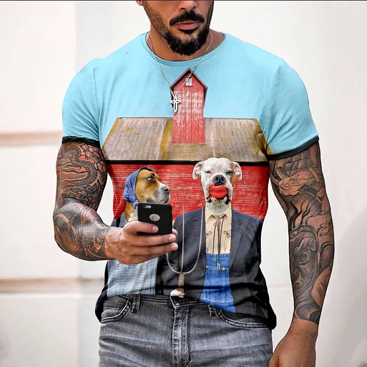 BrosWear Interesting Gothic Famous Puppy Print Short Sleeve T-Shirt