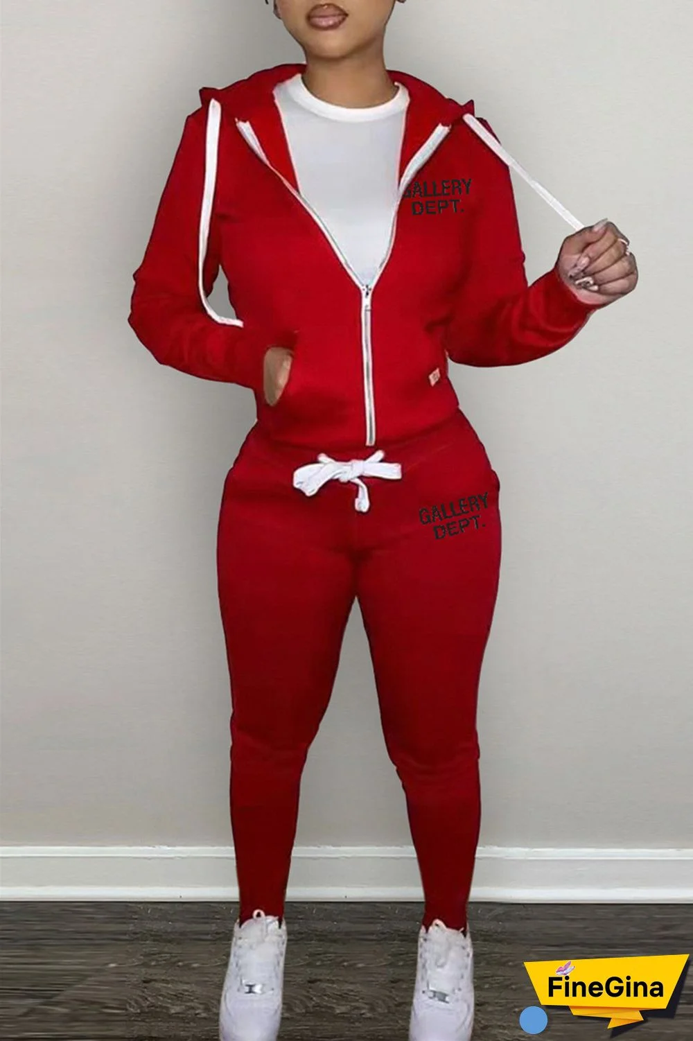 Grey Casual Letter Print Patchwork Hooded Collar Long Sleeve Two Pieces