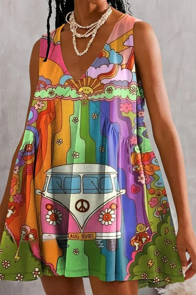 Womens Summer Sleeveless Colorful Hippie Print Mini Dress Casual Loose V Neck Sundress with Pockets