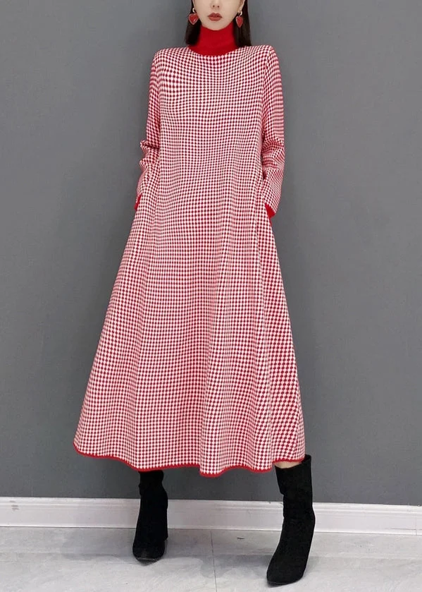 Italian Red Plaid Hign Neck Patchwork Knit Long Dresses Fall