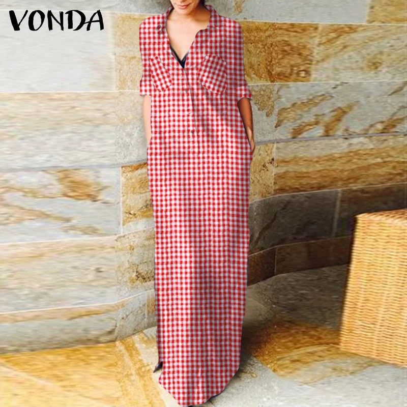 Demin Sundress 2022 Women Casual Turn Down Neck Long Sleeve Solid Dresses VONDA Loose Beach Sundress Bohemian Party Vestidos