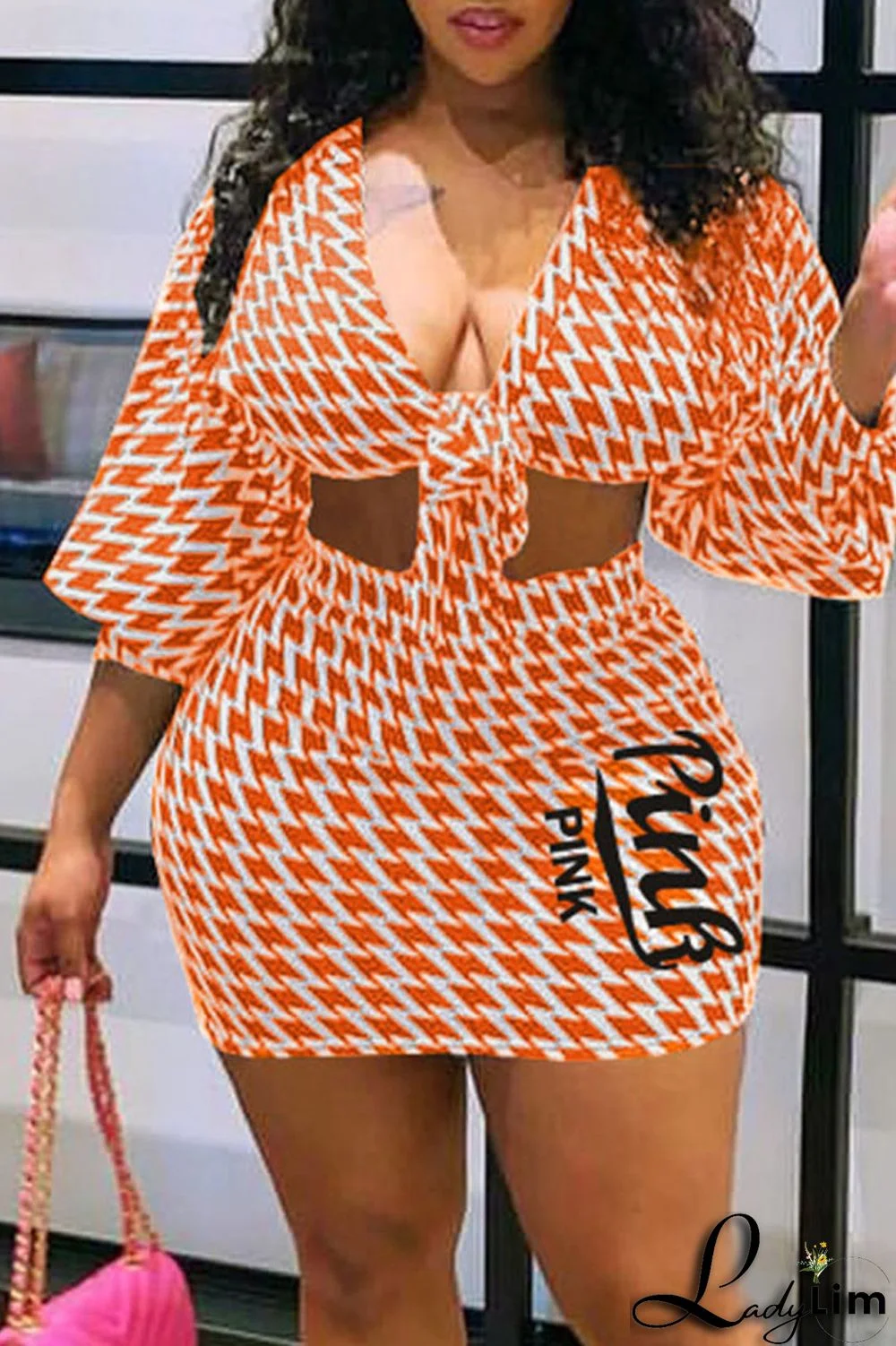 Orange Sexy Print Patchwork V Neck Plus Size Two Pieces