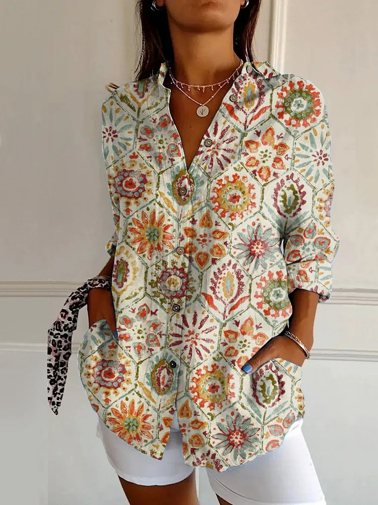 Vintage Ethnic Floral Print Casual Long Sleeve Shirt