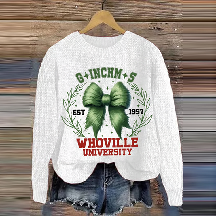 Vintage Whoville University Est 1957 Green Coquette Bow Printed Pattern Style Knitted Warm Sweater