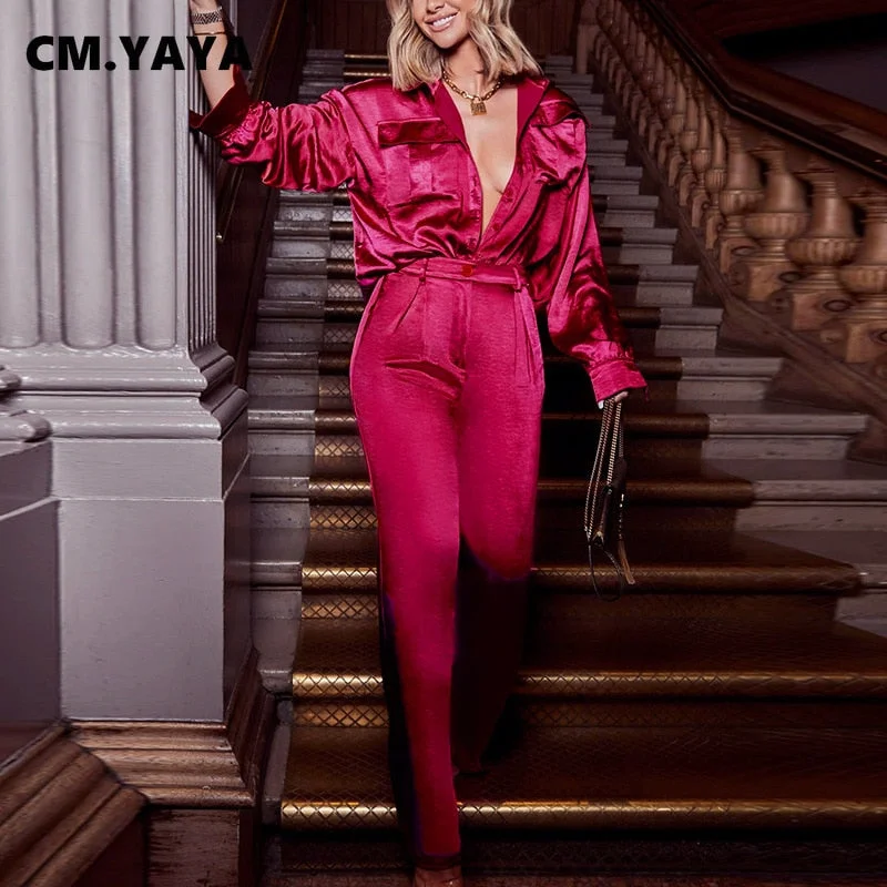CM.YAYA Women Pants Suit Solid Loose Shirts Tops + Straight Pants Two 2 Piece Sets Office Lady Fashion Outfits Spring Summer