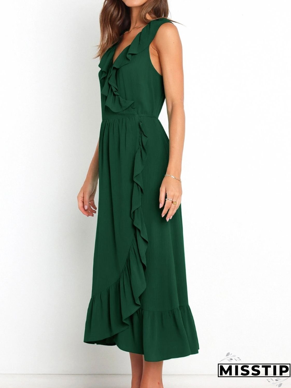 Ruffled Surplice Sleeveless Midi Dress