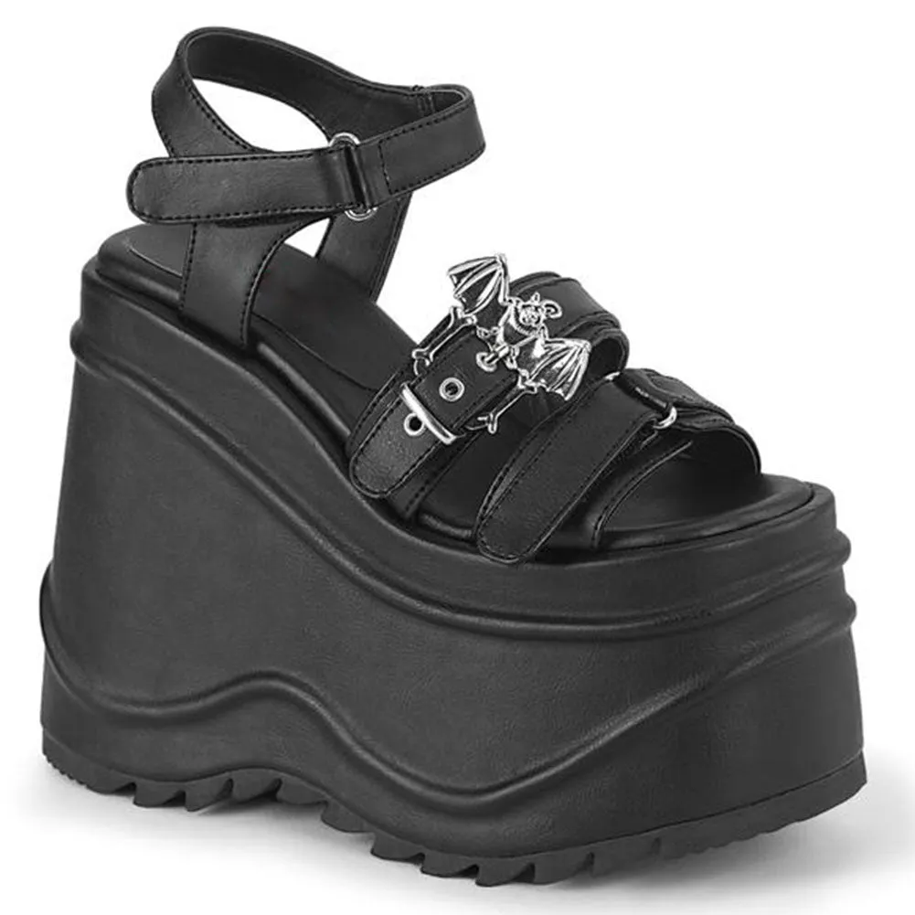 New Arrivals Open Toe Black Bat Patent Platform Wave Heel Wedges women's Sandals Summer Cool Punk Gothic Brand Footwear Women