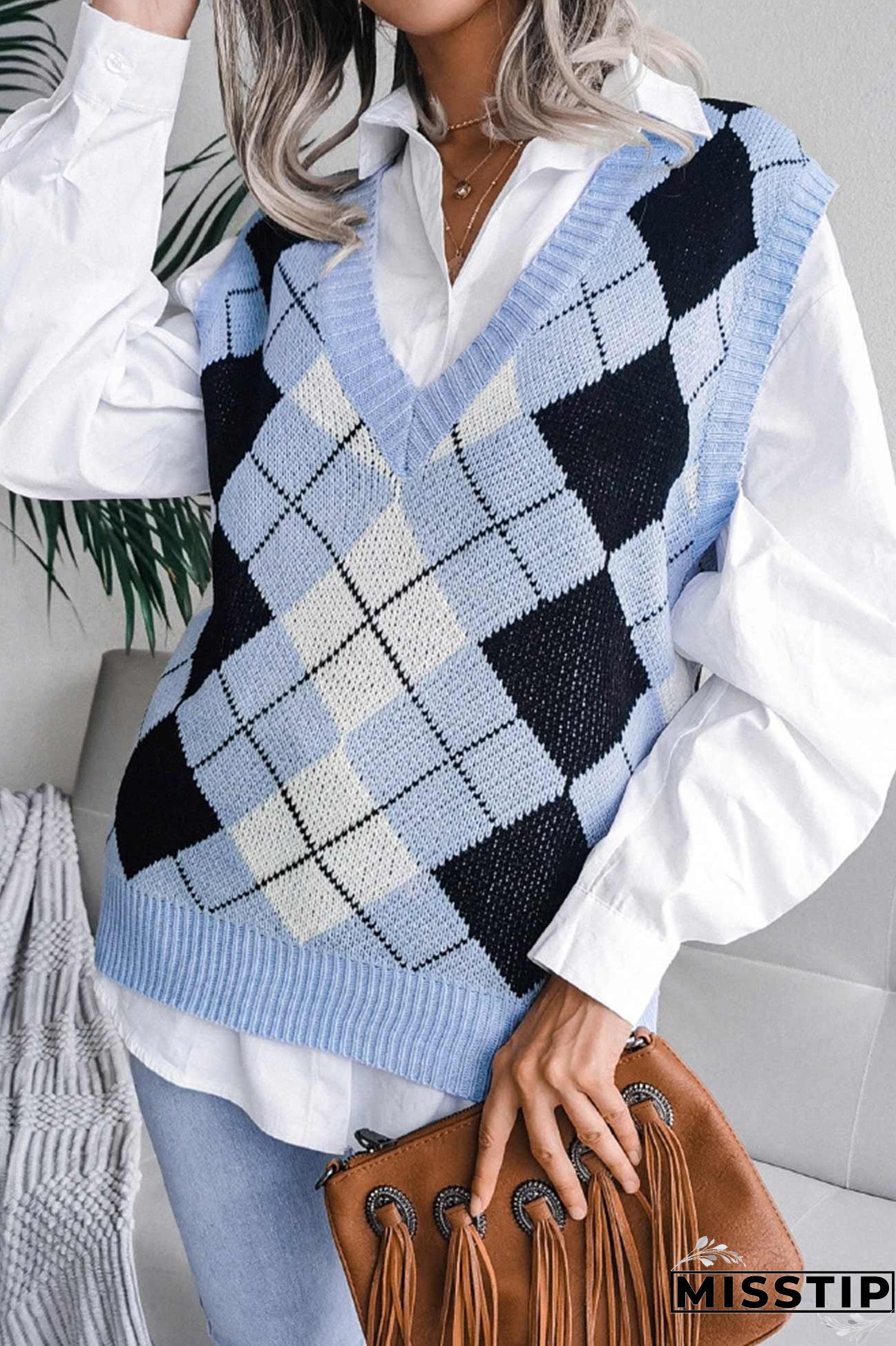 V Neck Checked Knit Tank Sweater