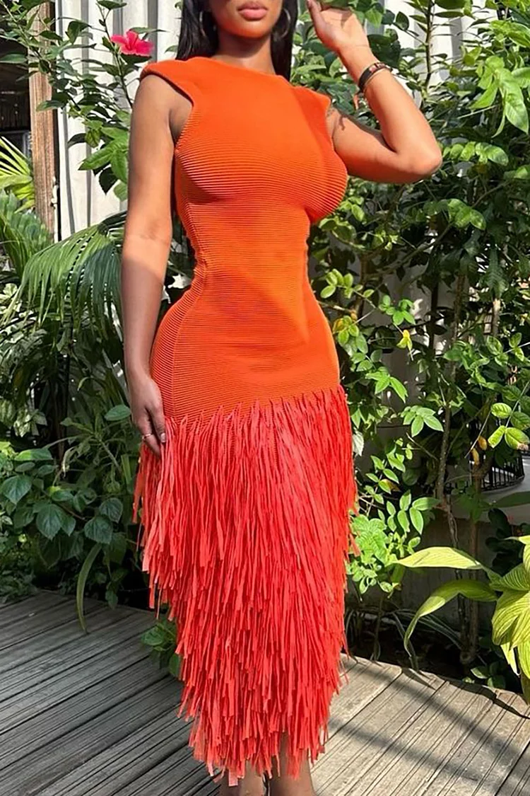 Xpluswear Plus Size Orange Party Sleeveless Tassel Mock Neck Maxi Dresses 