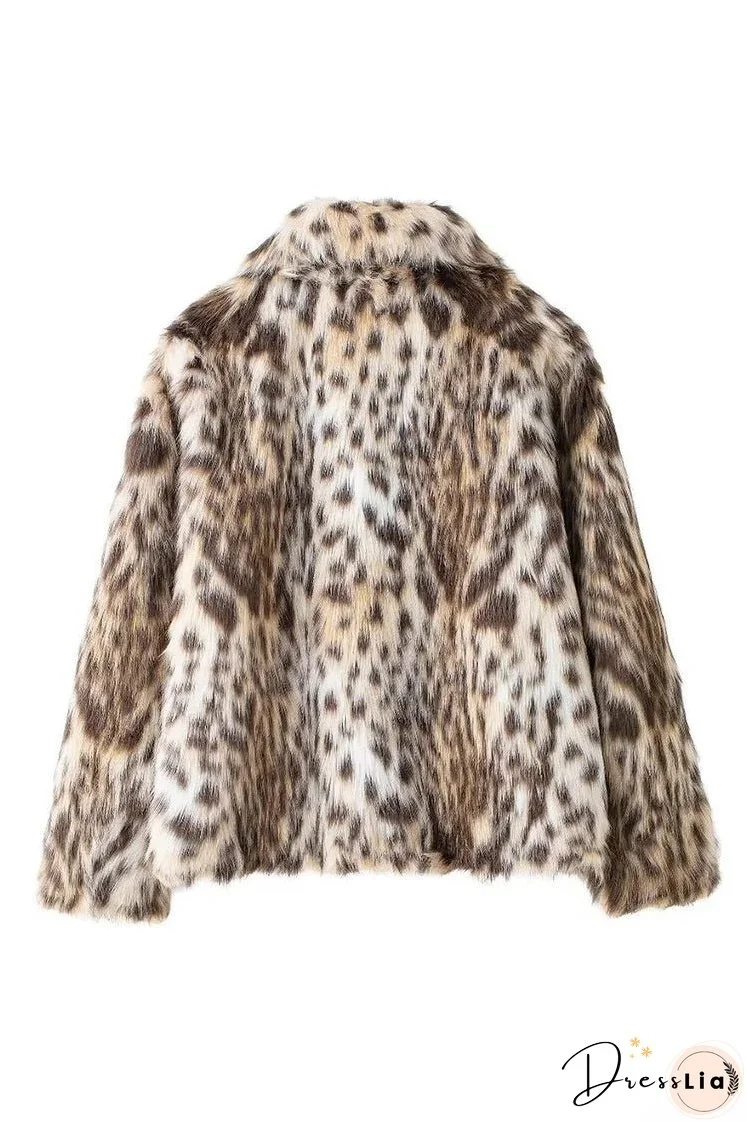 Leopard Print Faux Fur Turndown Collar Fuzzy Coat-Brown