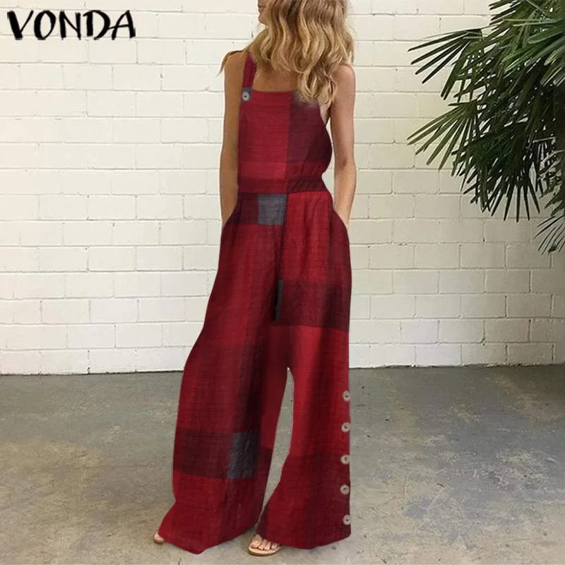VONDA Jumpsuits Women Rompers Sexy Sleeveless Full Length Wide Leg Overalls Summer Pockets Vintage Patchwork Cotton Playsuits