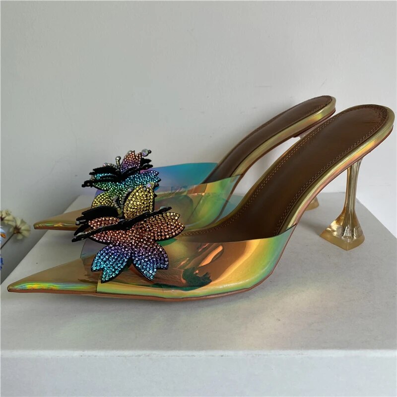 VCSHOES Iridescent Diamond Flower Modern Sandals Women Clear Crystal High Heel PVC Transparent Slingbacks Mules
