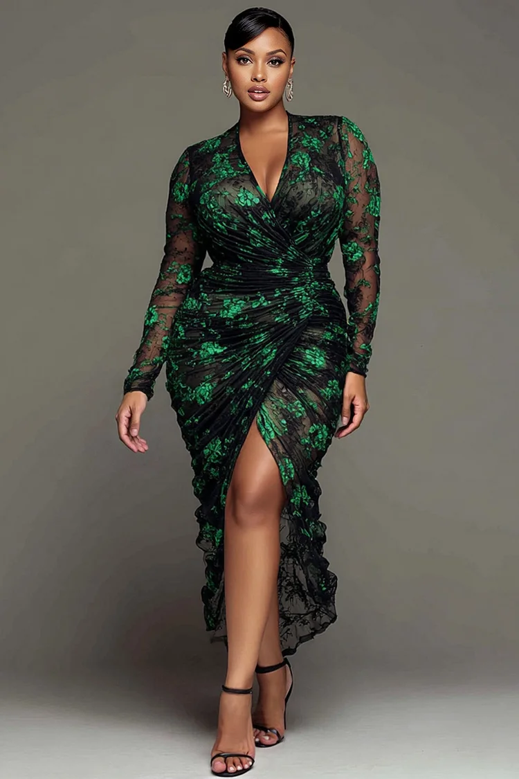 Xpluswear Design Plus Size Party Green Wrap Neck Long Sleeve Split Bodycon Chiffon Midi Dresses [Pre-Order] 2024 - Xpluswear