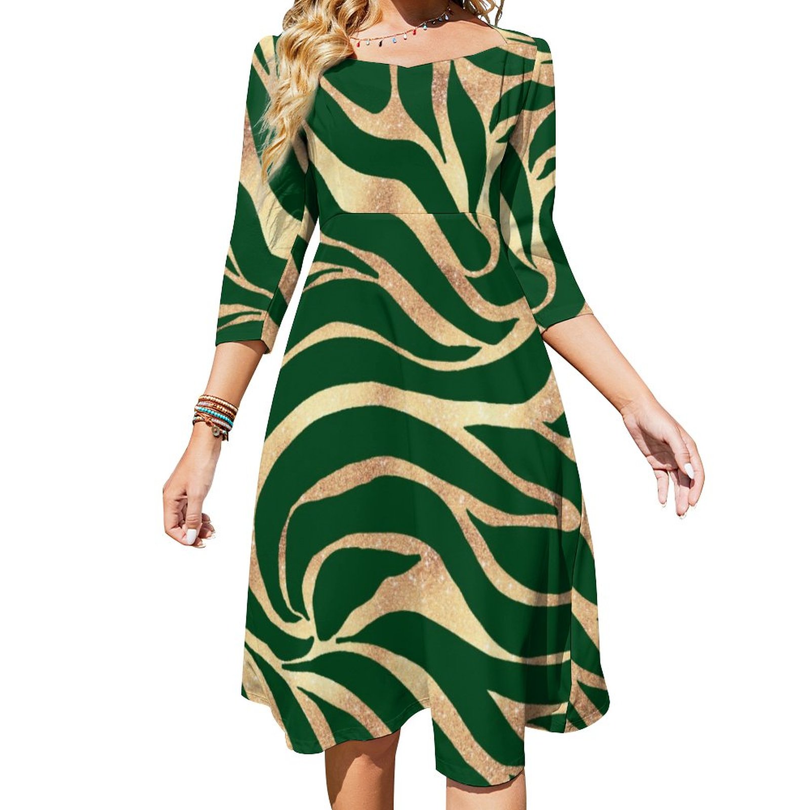 Elegant Gold Glitter Zebra Green Animal Print Dress Sweetheart Tie Back Flared 3/4 Sleeve Midi Dresses