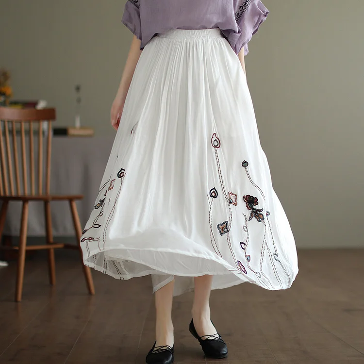 Summer Retro Floral Embroidery Double-Layer Linen Skirt