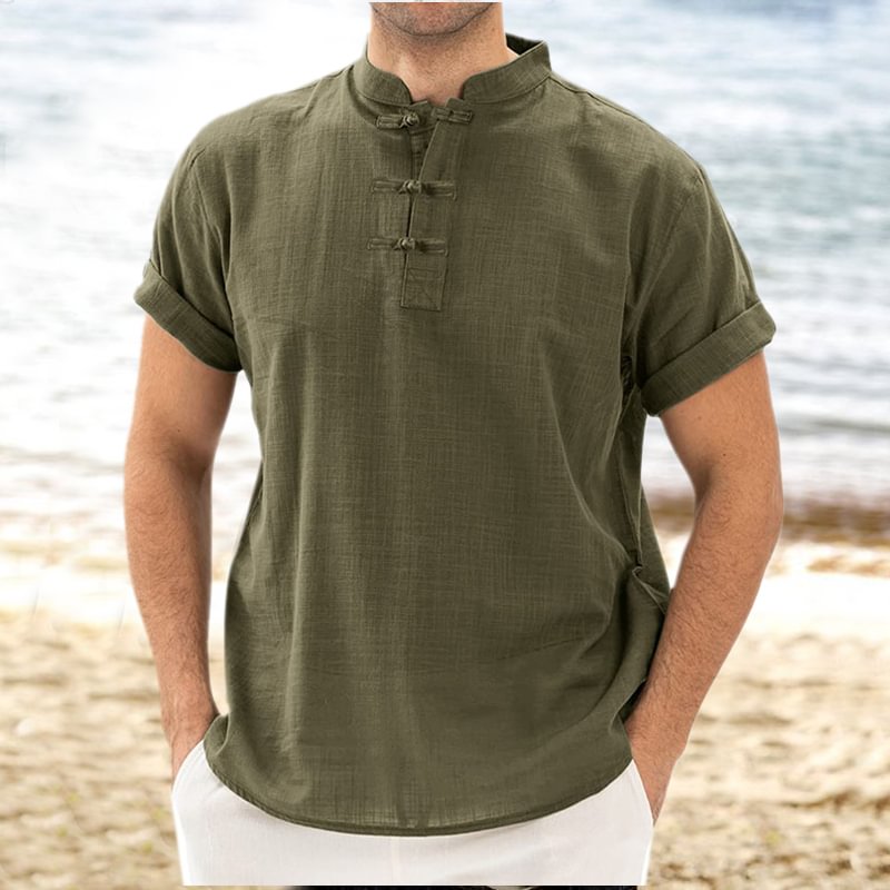 Men's Linen Henley Short Sleeve Shirt T-Shirt、、URBENIE
