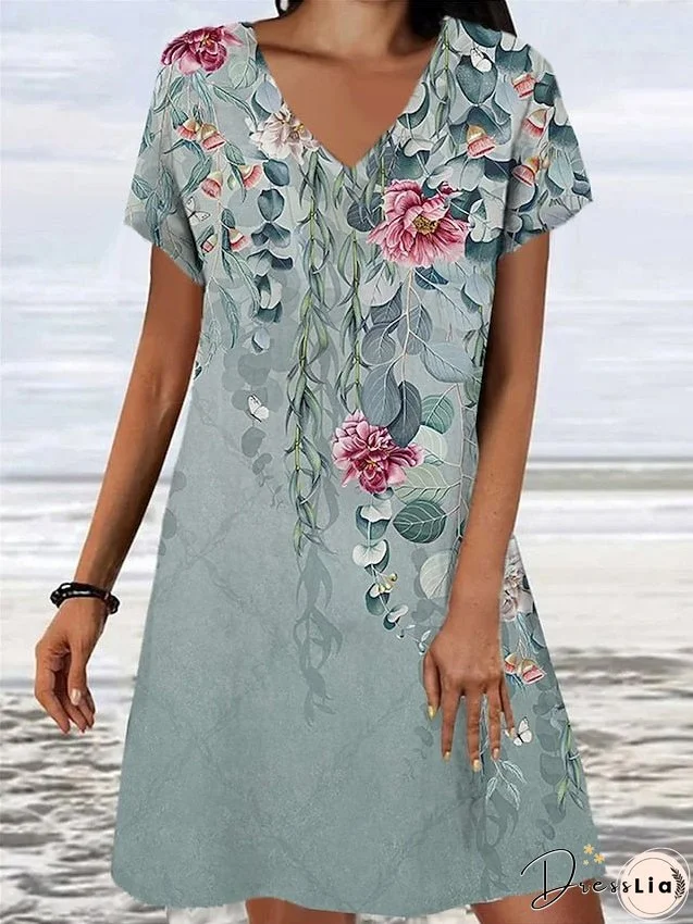T Shirt Dress Casual Dress T Shirt Dress Tee Dress Leaf Floral Print V Neck Mini Dress Fashion Modern Daily Holiday Short Sleeve Regular Fit Yellow Light Green Mint Green Summer Spring S M L for Women
