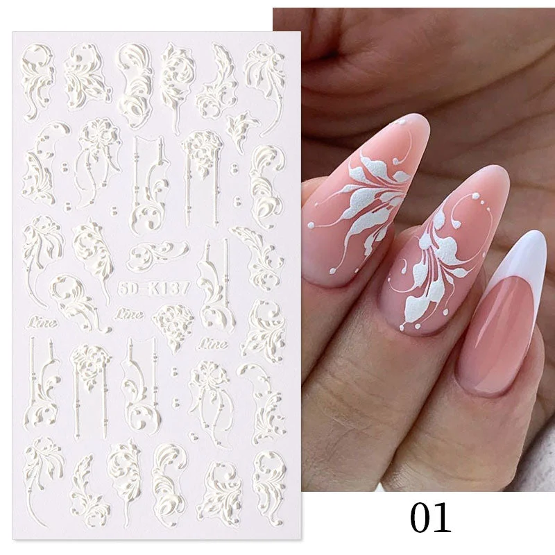 1PC French 5D Nail Sticker Embossed Flower Bubble Pattern Self-Adhesive Slider Wedding Design Nails Decals Nail Art Decoration-Nail Inspo