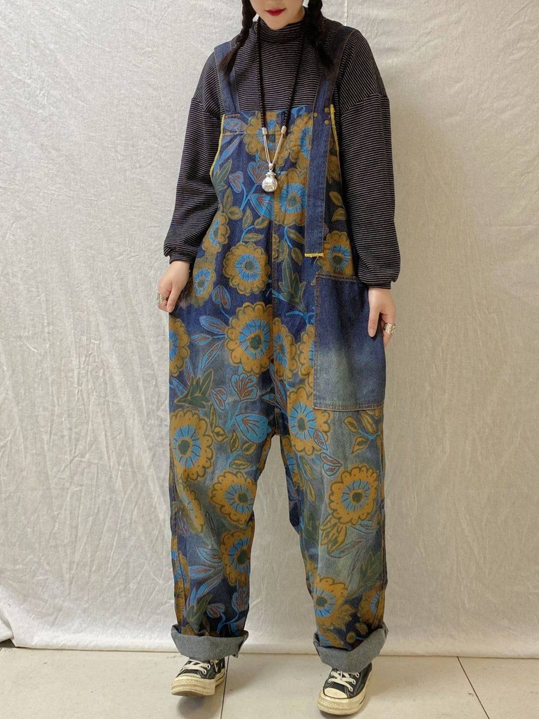 Women's Hole Floral Printed Casual Retro Cropped Workwear Denim Overalls Jumpsuit