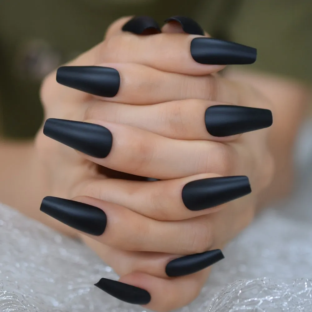 EchiQ Frosted Fake Nails Black Long Size Matt Faux Ongles Ballerina Press On Nails Square Manicure Tips-Nail Inspo