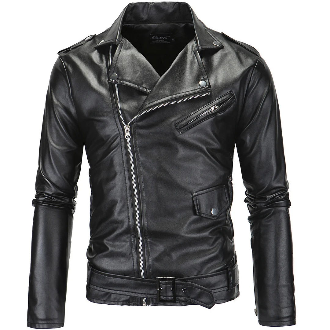 Motorcycle slim casual lapel diagonal zipper leather jacket