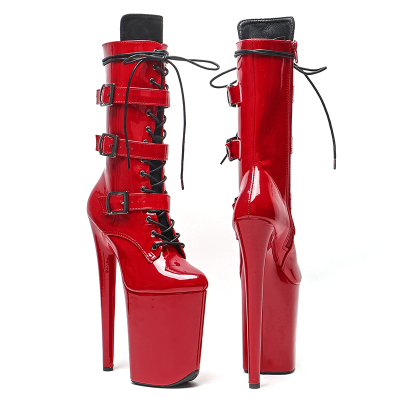 VCshoes 23CM/9inches Patent Upper High Heels Platform Mid Calf Boots Lace Up Pole Dancing Boot