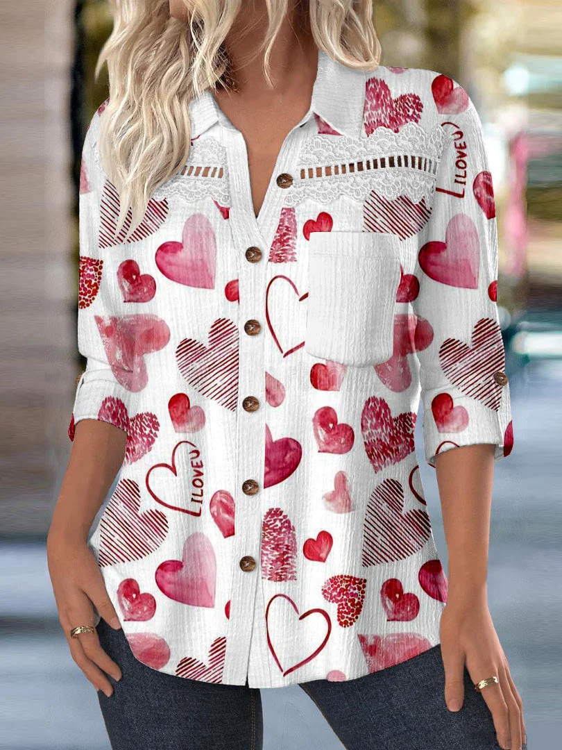 Women Long Sleeve Shirt Collar Love Printed Graphic Lace Button Pockets Tops