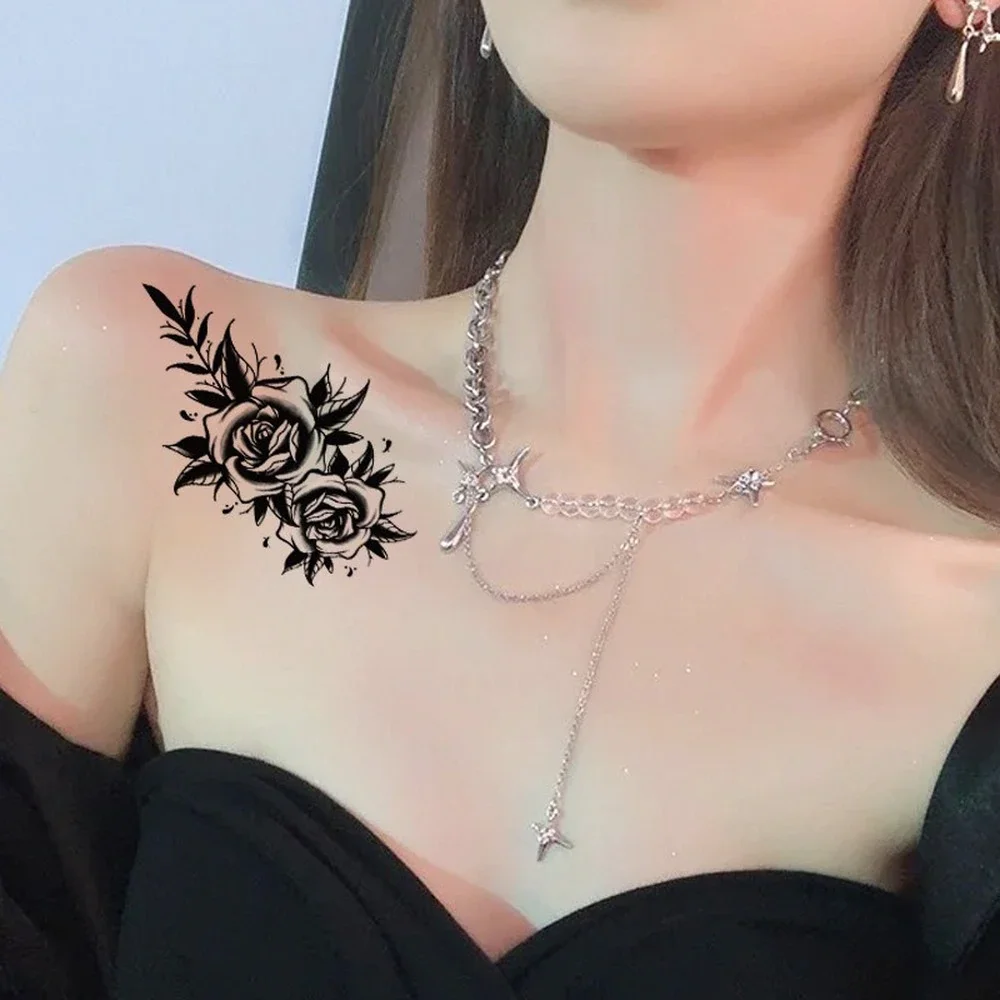 Sdrawing Rose Temporary Tattoo Sticker Flower Feather Elephant Body Clavicle Ankle Legs Arm Art Fake Tatto Party Bikini Tatoos