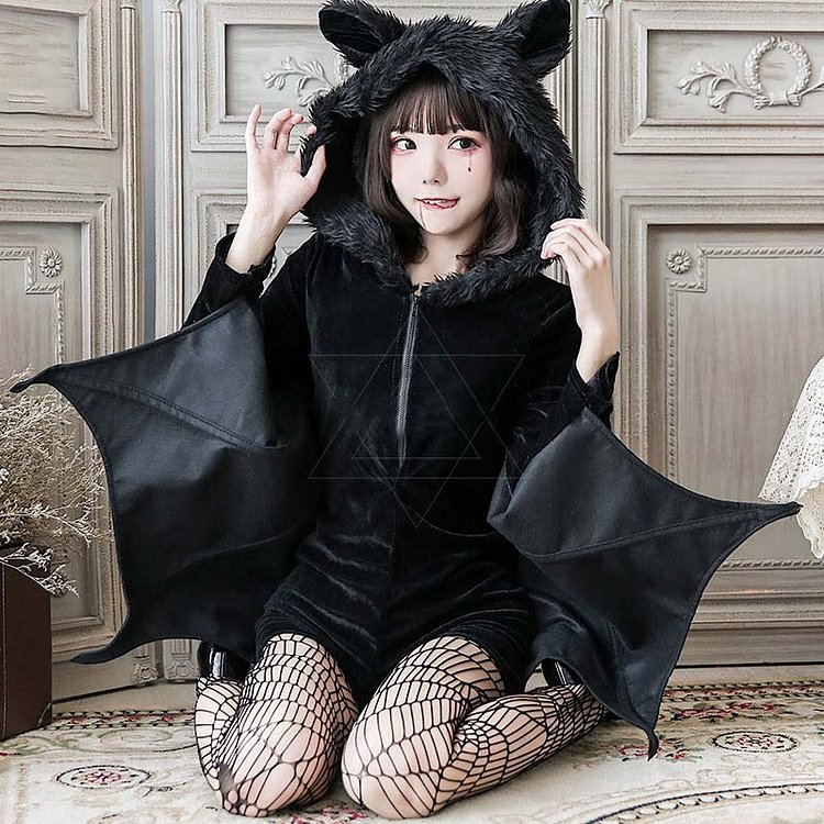 Dark Devil Stockings Bat Ear Hooded Zipper Front Dress Two Pieces - Modakawa Modakawa