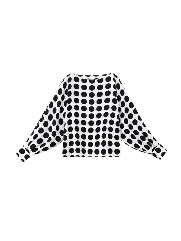 Long Sleeves Loose Polka-Dot Round-Neck Blouses&Shirts Tops