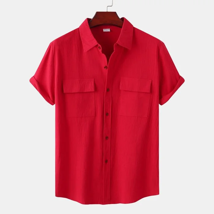 Men's solid colour casual cotton linen short sleeve shirt