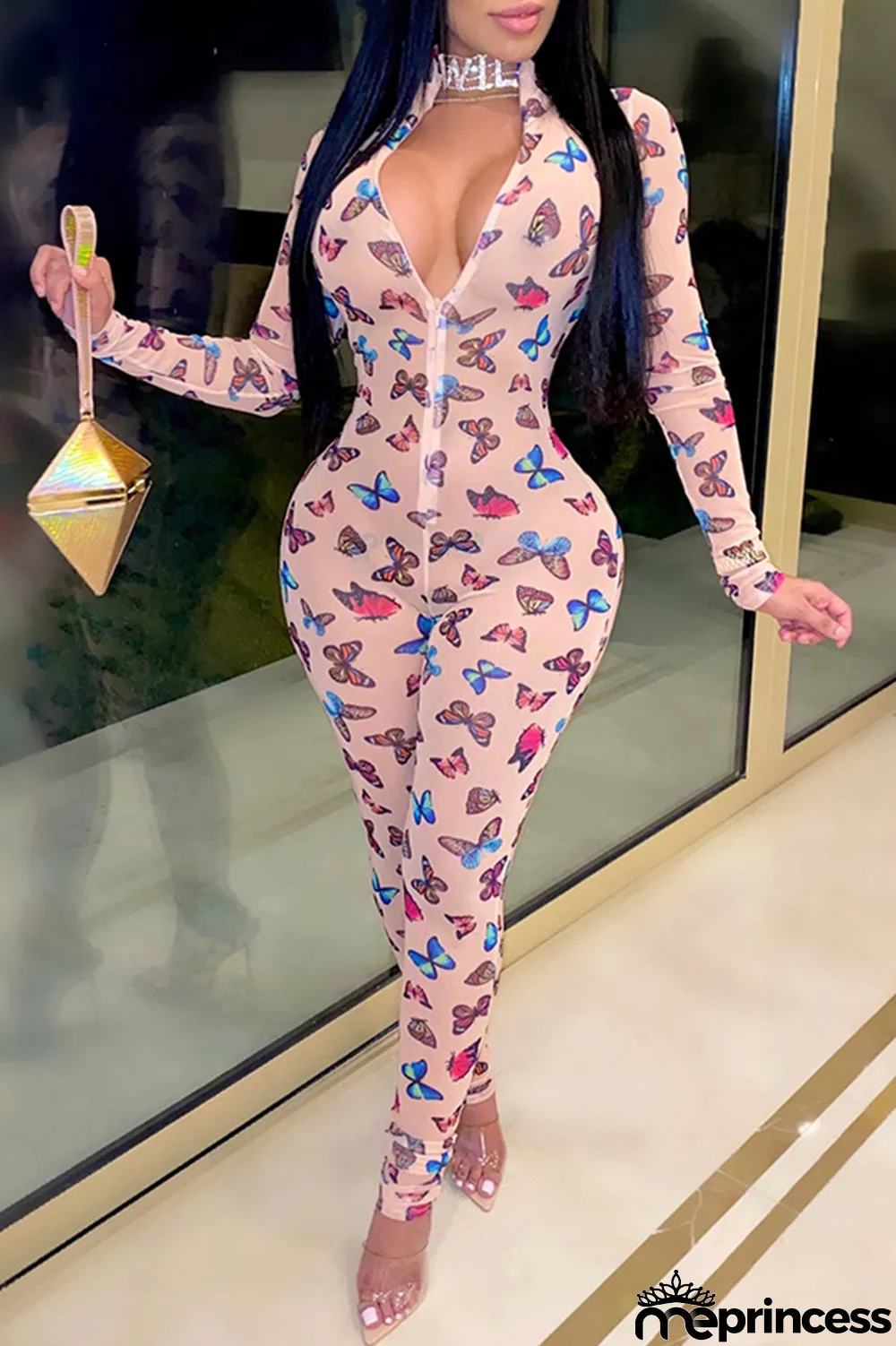 Light Pink Fashion Sexy Butterfly Print Split Joint Zipper Collar Skinny Jumpsuits