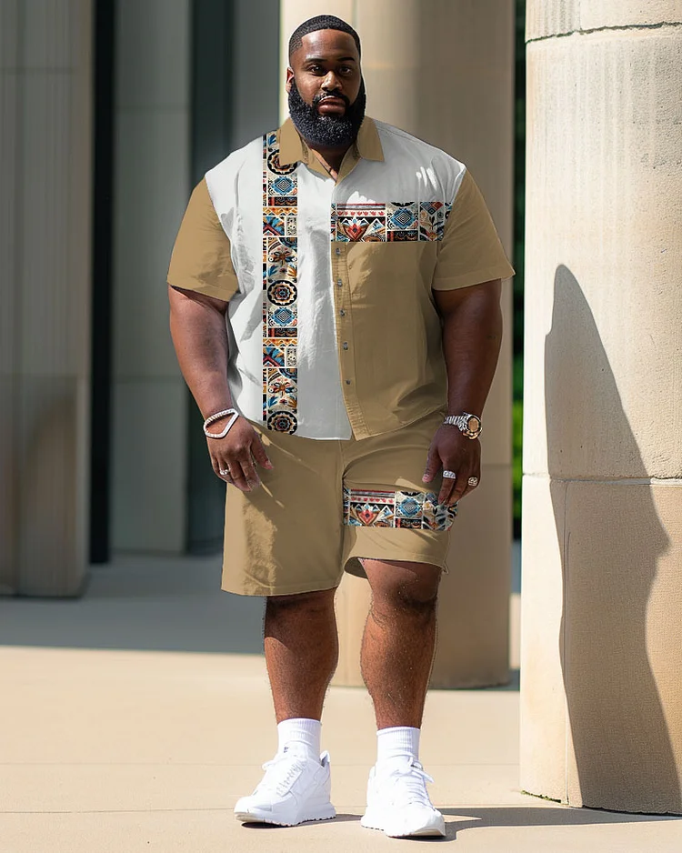 Men's Plus Size Casual Geometric Printed Contrast Color Street Short Shirt Shorts Suit