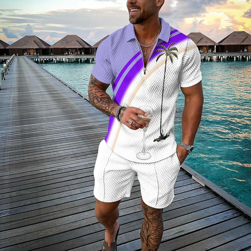 Isolated Summer Tropical Palmfrond Short Sleeve Polo Shirt And Shorts Co-Ord