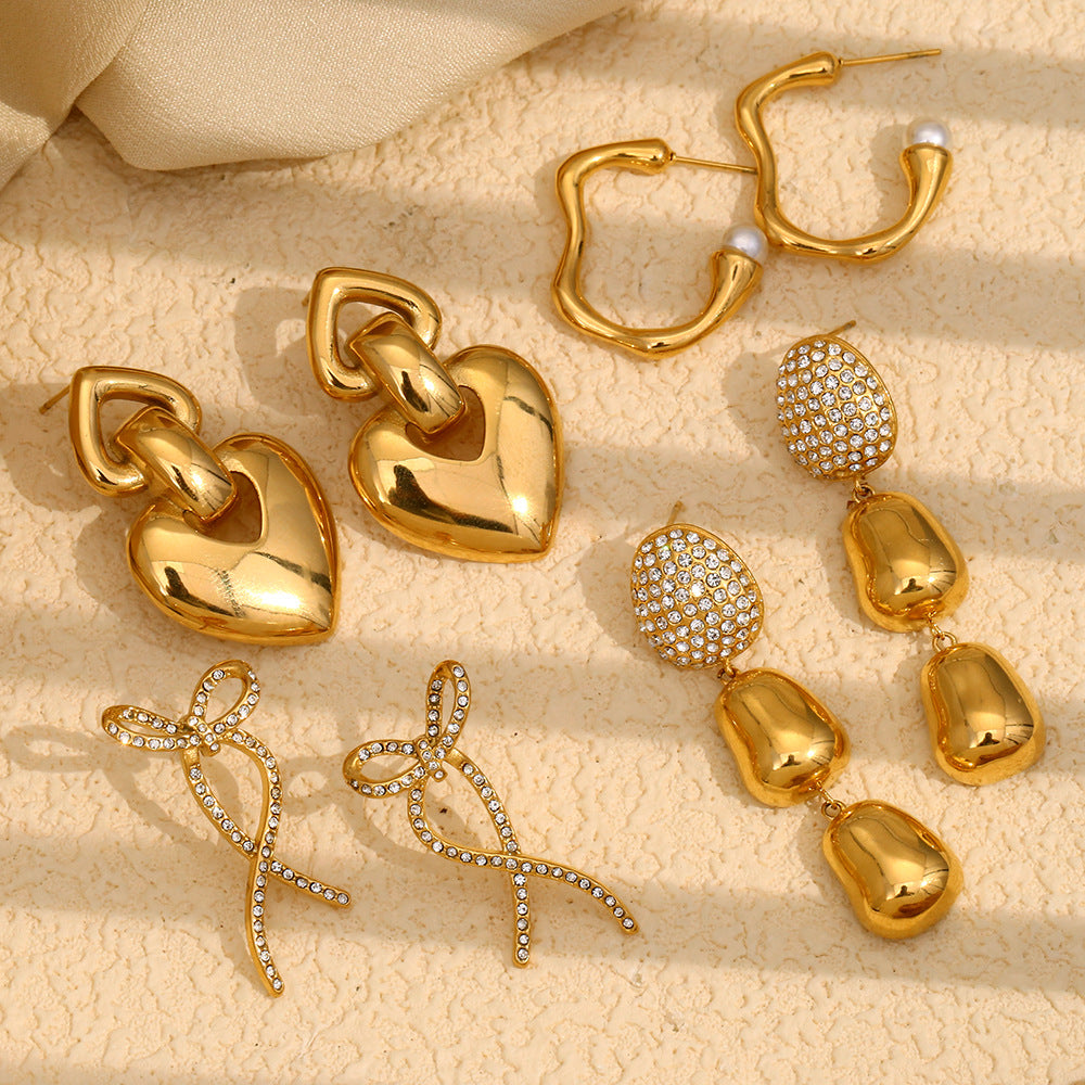 Ins Niche Simple Peanut Bow Earrings Stainless Steel 18K Gold Plated Love Ring Earrings Female