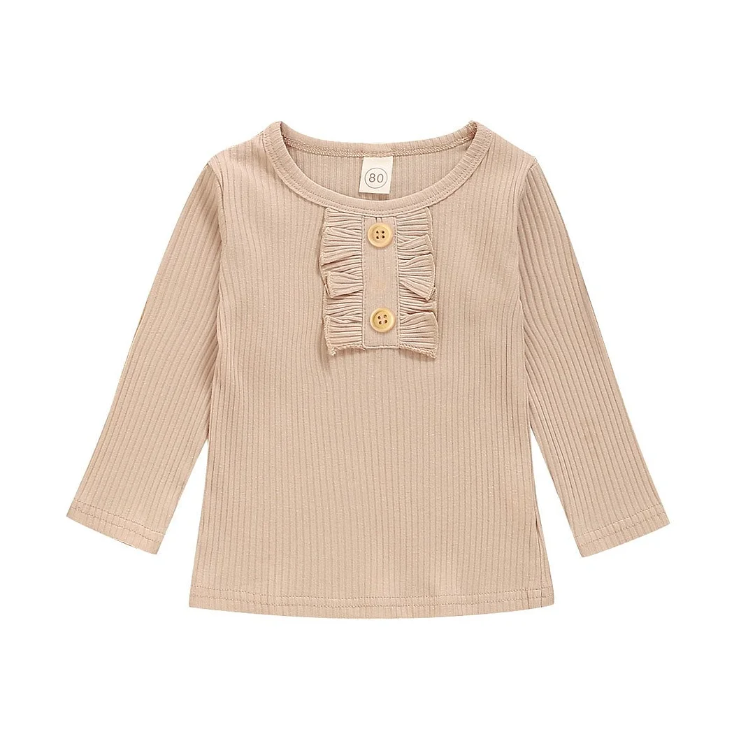 1-6Years Baby Girls Ribbed Shirt Top Long Sleeve T-shirt Solid Color Ruffle Decoration Button Classic Spring Autumn Clothing
