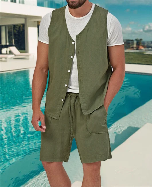 Casual Sleeveless Linen Cardigan Vest & Short 2Pcs Set 