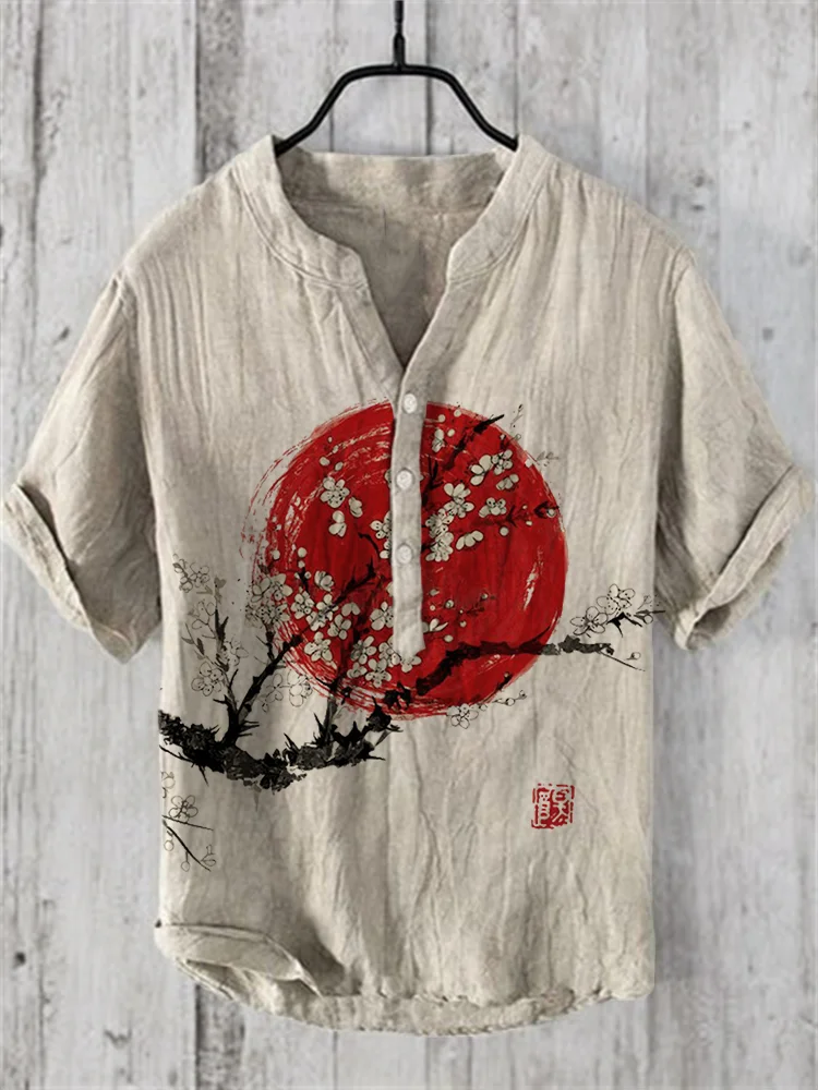 Plum Blossom Sunrise Japanese Art Linen Blend Shirt