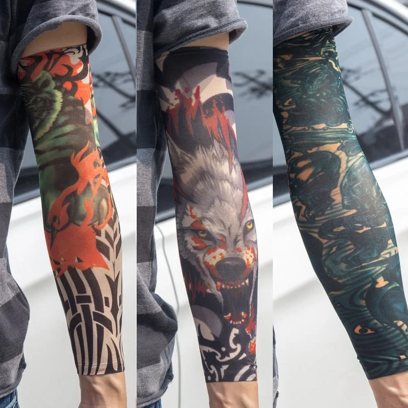 3PCS/lot new mixed 100%Nylon elastic Fake temporary tattoo sleeve skull wolf totem dragon designs body Arm stockings cool men