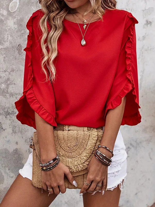 Pleated Ruffled Solid Color Split-Joint Loose Three-quarter Sleeves Round-neck Blouses&shirts Tops