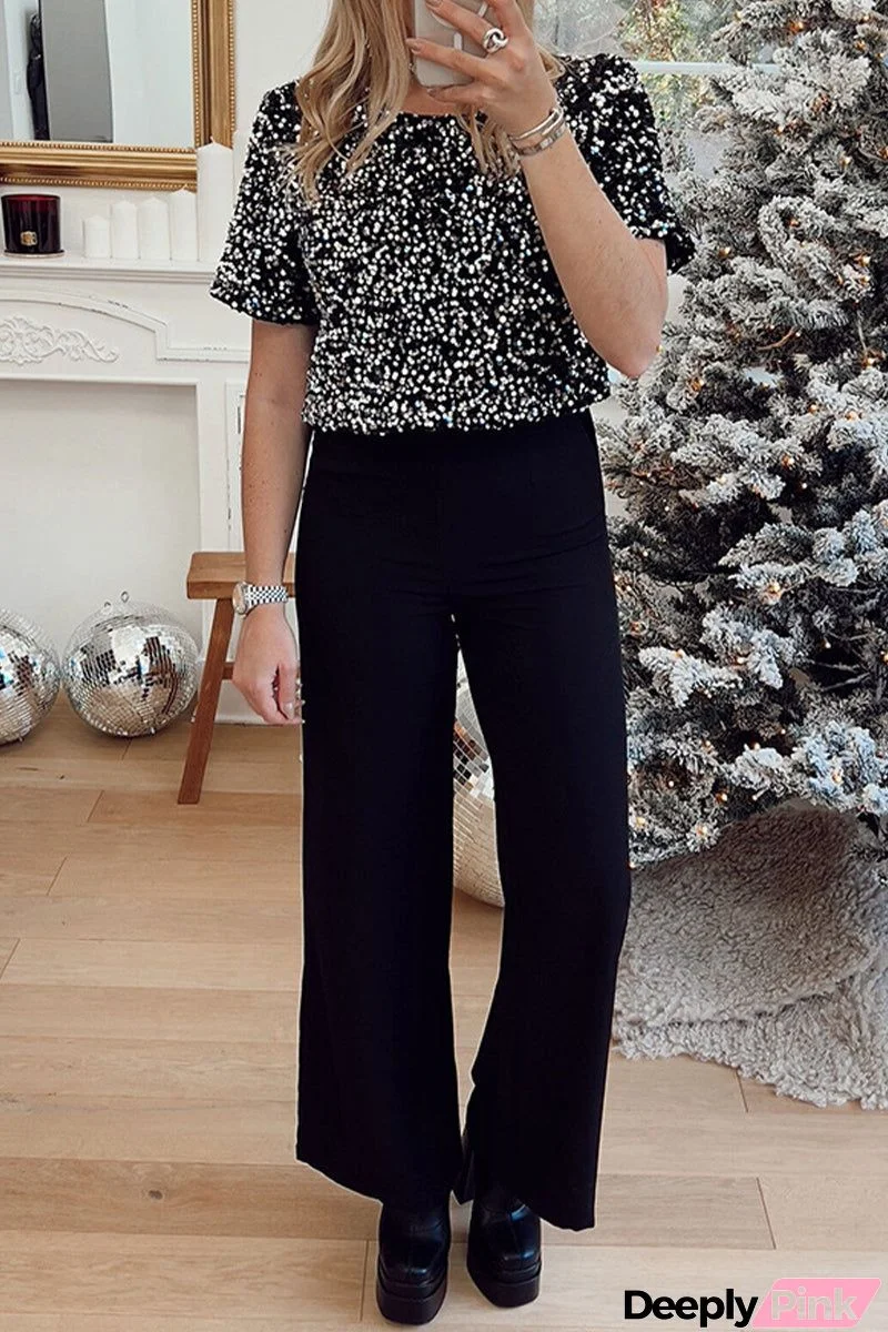 Casual Solid Sequins Sequined O Neck Loose Jumpsuits