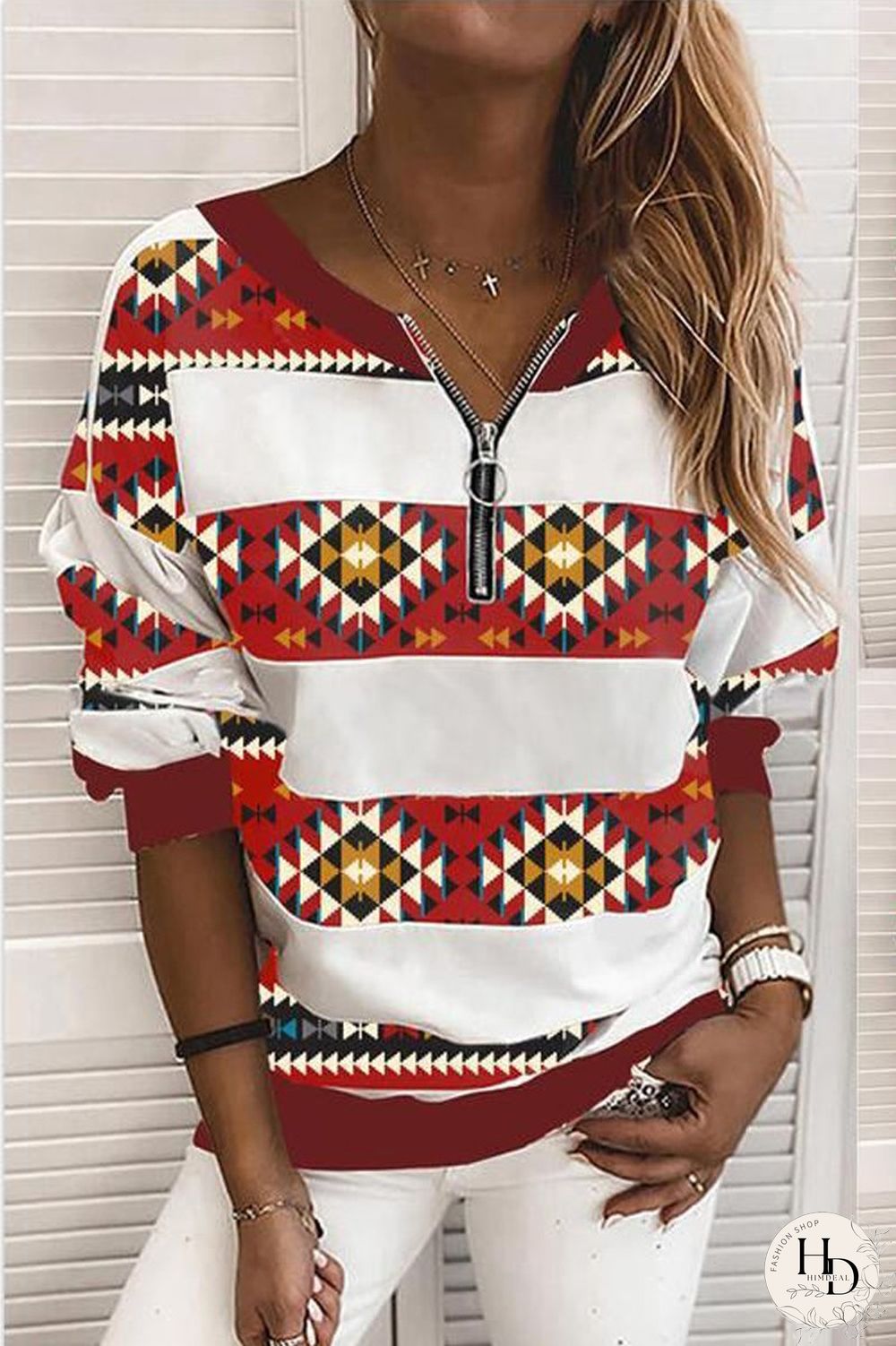 Striped Splicing Geometry Print Long Sleeve Sweatshirt