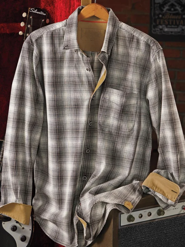 Men's retro plaid printed long sleeved cotton linen shirt