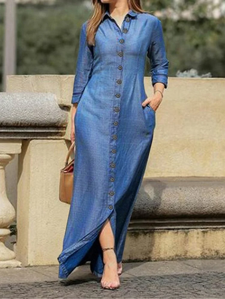 Casual Turndown Collar Single Breasted Pocket Solid Maxi Dress